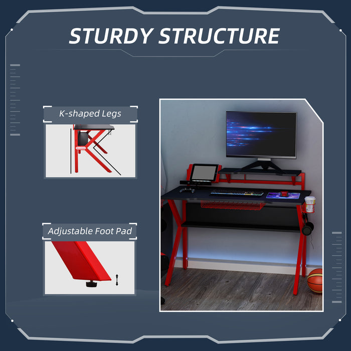 Sturdy Gaming Desk with Metal Frame - Ergonomic Computer Table with Cup Holder, Headphone Hook & Cable Basket - Ideal for Gamers and Home Office Use