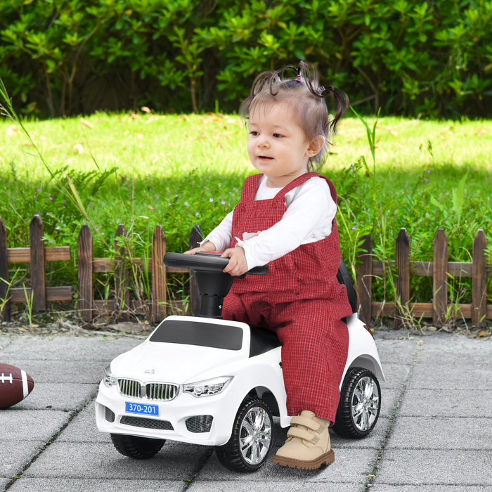 Toddler Walker Ride-On Slider Car with Horn & Music - Foot-to-Floor Stroller with Working Lights, Large Steering Wheel, Hidden Storage - Fun and Developmental Play for Babies and Young Children White