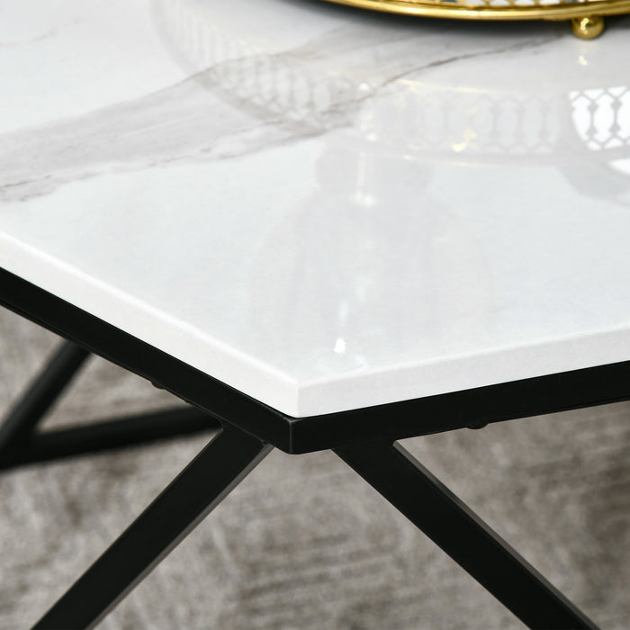 High Gloss Marble Coffee Table - Modern White Cocktail Table with Durable Steel Frame - Elegant Living Room Furniture Piece