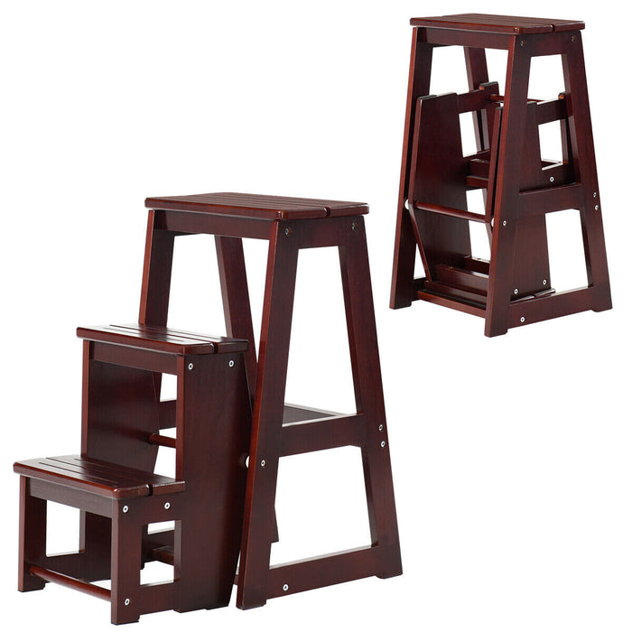 Wooden Folding 3-Tier Step Stool - Functional Stepladder Shelf in Coffee Finish - Ideal for Home Storage and Display Needs