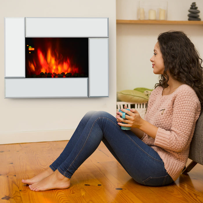 1800W Electric Fireplace Heater - Wall Mountable with 7-Color LED Lights and Glass Screen - Cozy Ambiance with Pebble Effect and Remote Control for Home Comfort