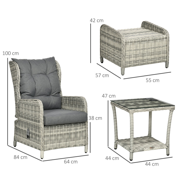 Outdoor PE Rattan 5-Piece Sun Lounge Set - Half-Round Wicker Recliner Sofa Bed, Glass Top Table, Footstools in Mixed Grey - Ideal for Patio and Poolside Relaxation