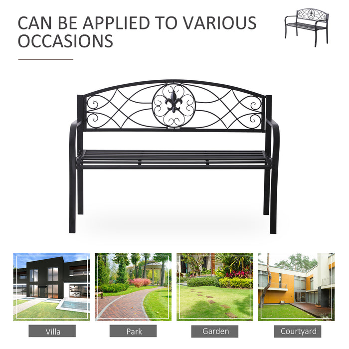 Outdoor Patio Loveseat Bench - 2-Seater Metal Garden Furniture, Black Porch Park Chair - Ideal for Yard and Outdoor Seating 129L x 91H x 50W cm