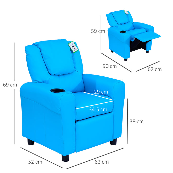 Kids' Comfy Recliner Chair with Built-in Cup Holder - Plush Blue Seating for Children - Perfect for Relaxing and Reading