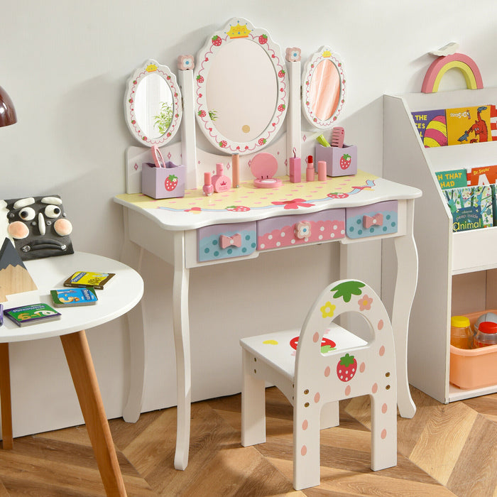 Kids Paradise - Dressing Table, Chair Set, Pink, 3 Mirrors, 3 Drawers - Perfect for Children's Room Setup