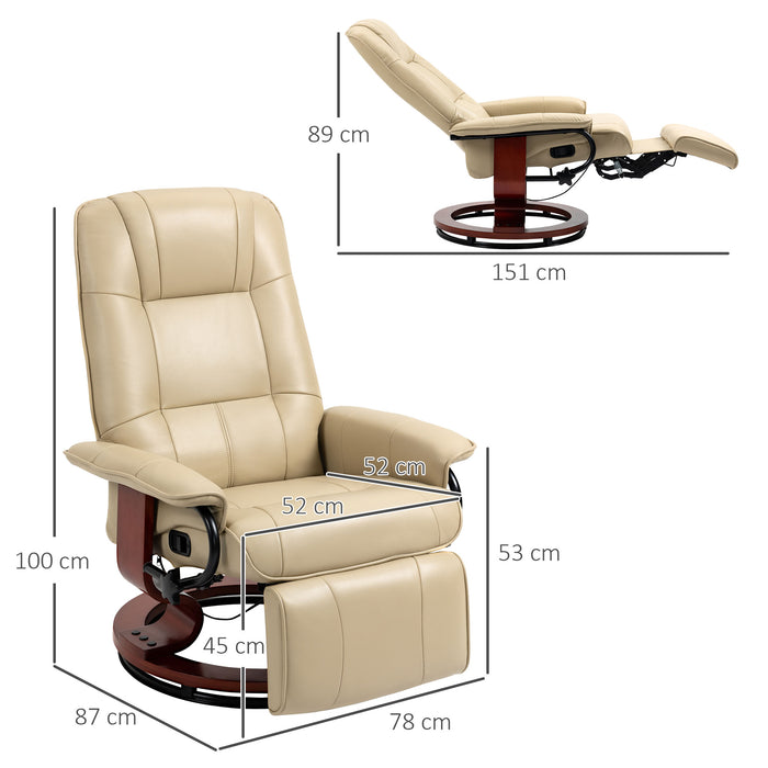 Faux Leather Swivel Recliner Chair with Wooden Base - Upholstered Reclining Armchair for Living Room and Bedroom - Comfortable Seating Solution in Cream