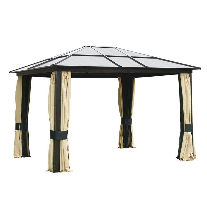 Hardtop Gazebo Canopy with Polycarbonate Roof - 3.6 x 3m Aluminium Frame Pavilion with Mosquito Netting & Curtains, Brown - Elegant Outdoor Shelter for Garden & Entertainment