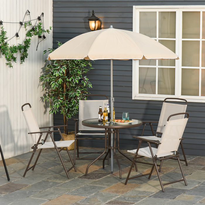 6-Piece Beige Garden Bistro Set - Texteline Folding Chairs, Patio Table & Parasol Combo - Perfect Outdoor Furniture for Relaxation and Entertaining