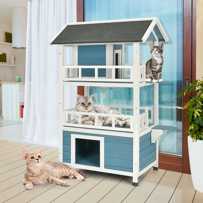 Wooden 3 Storey Cat House - Fenced Enclosure Design, Sloping Asphalt Roof - Perfect Shelter for Outdoor Cats