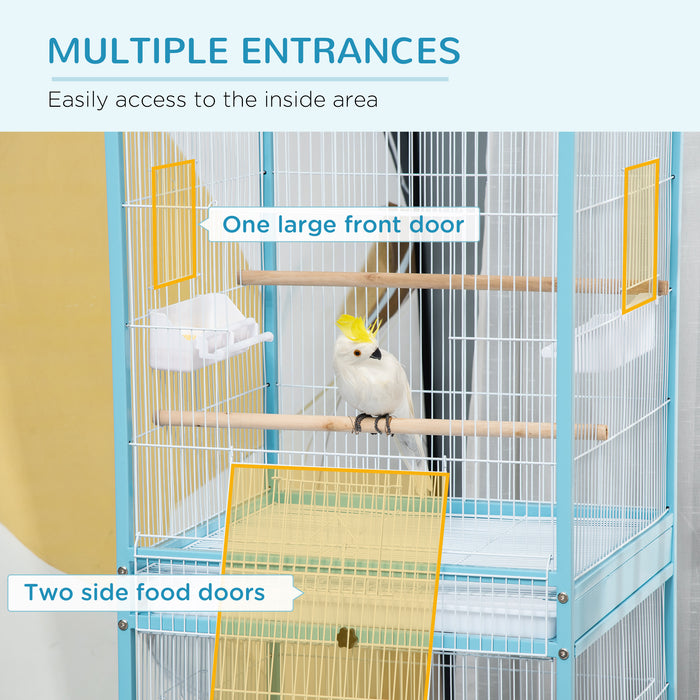 Large 2-in-1 Aviary Bird Cage with Wheels - Ideal for Finches, Canaries, Budgies - Includes Slide-out Trays, Wood Perch, and Food Containers