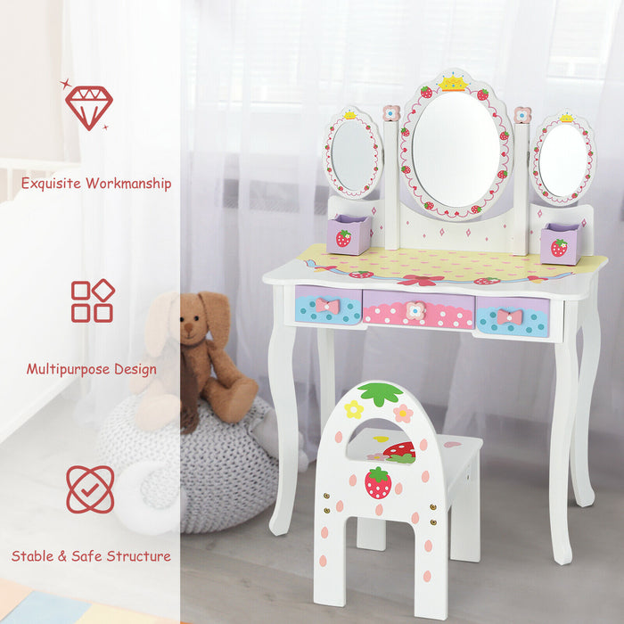 Kids Paradise - Dressing Table, Chair Set, Pink, 3 Mirrors, 3 Drawers - Perfect for Children's Room Setup