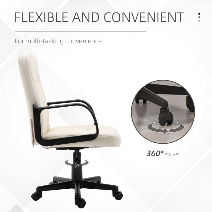 Swivel Mid-Back Executive Chair in Cream PU Leather - Comfortable Desk Chair with Arms and Wheels for Home Office - Ideal for Adults Seeking Style and Mobility