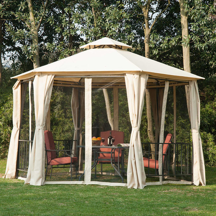 Hexagon Gazebo Canopy Party Tent - Outdoor Garden Shelter with 2-Tier Roof, Side Panel, Beige - Perfect for Events & Gatherings