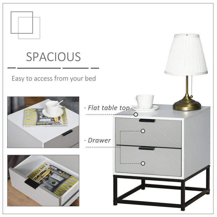 2-Drawer Bedside Cabinet - Unique Shaped Nightstand with Metal Base - Ideal for Bedroom, Living Room, Study Room, or Dorm Use