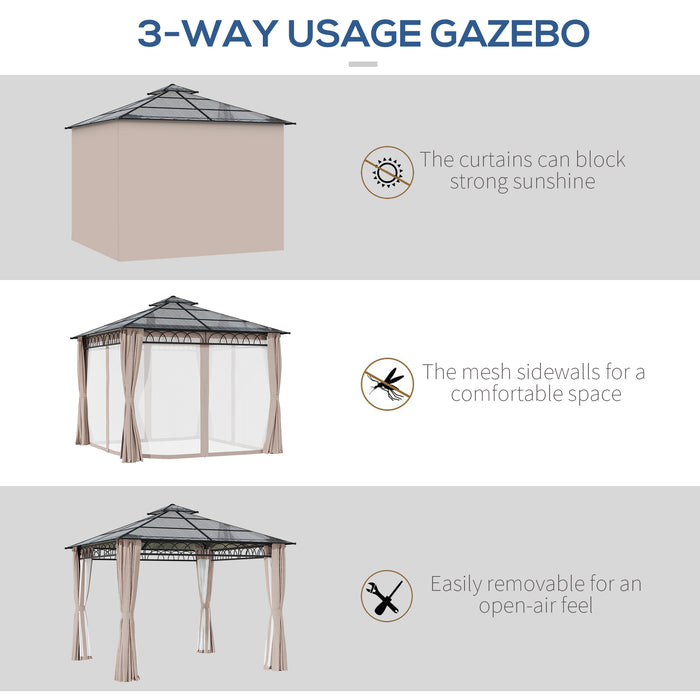 Outdoor Polycarbonate Gazebo 3x3m - Double Roof Hardtop with Galvanized Steel Frame - Includes Nettings & Curtains for All-Weather Protection