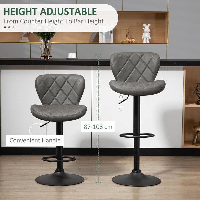 Adjustable Swivel Barstools Set of 2 - Dark Grey PU with Diamond Pattern, Backrest & Footrest, Steel Frame - Ideal for Kitchen Dining & Entertaining