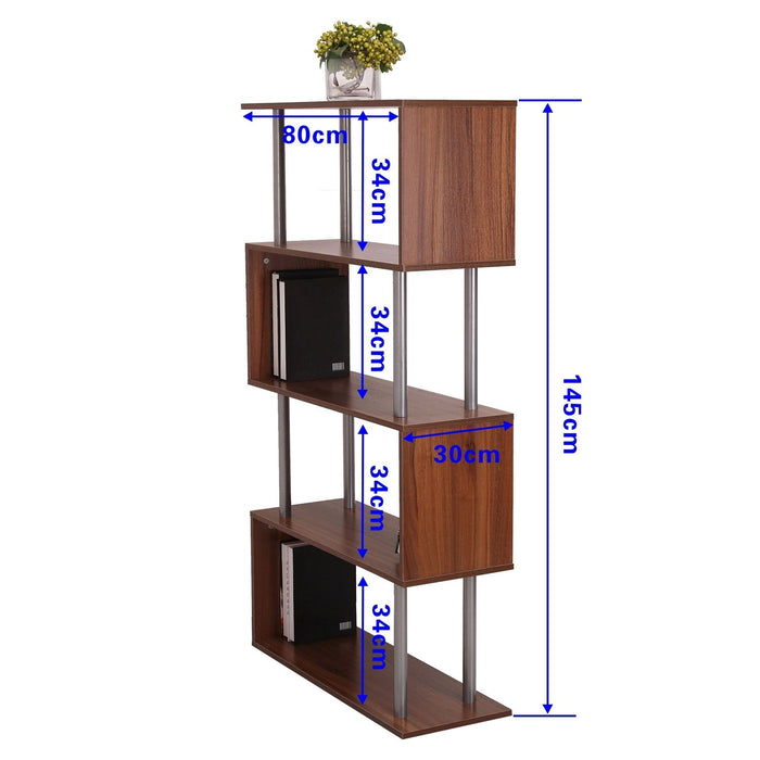 4-Tires Wooden S-Shape Bookshelf - Contemporary Storage & Display Unit with Steel Frame - Ideal for Living Room, Bedroom, Office in Walnut Finish