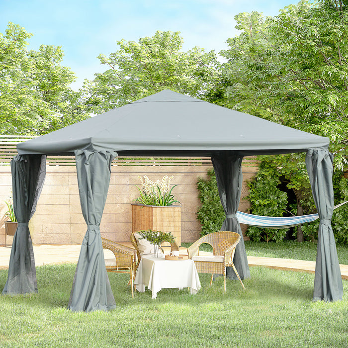 Garden Pavilion Gazebo Canopy - 3m Aluminum Party Tent with Curtains and Netting Sidewalls, Grey - Perfect for Patio Shelter and Outdoor Celebrations