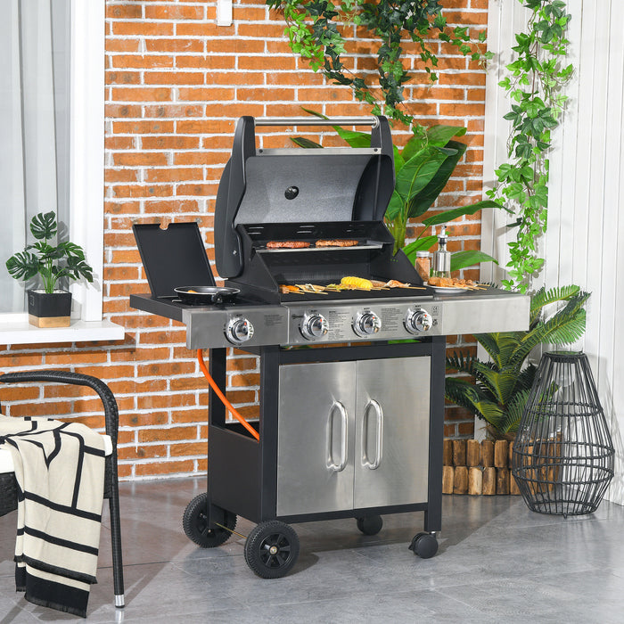 3+1 Gas Burner Barbecue Grill with Smoker - Outdoor BBQ Trolley with Side Burner, Warming Rack, and Side Shelves - Ideal for Garden Cooking with Piezo Ignition and Built-in Thermometer