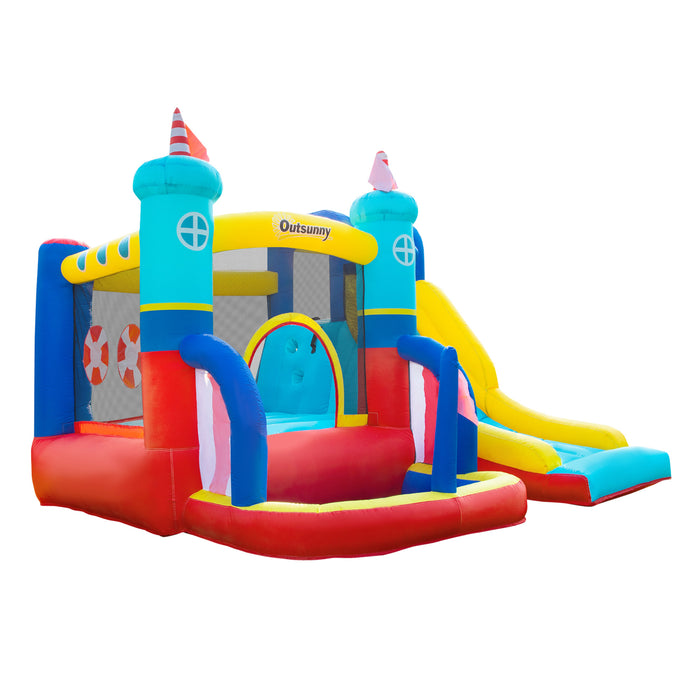 Kids 4-in-1 Bounce Castle Sailboat - Large Inflatable Playhouse with Slide, Trampoline, and Water Pool - Ultimate Outdoor Fun for Children Aged 3-8