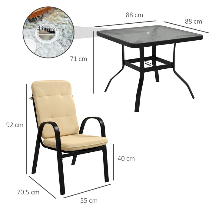 Outdoor Square 5-Piece Dining Set - Tempered Glass Table, 4 Cushioned Armchairs with Umbrella Hole - Perfect for Patio and Garden Entertaining