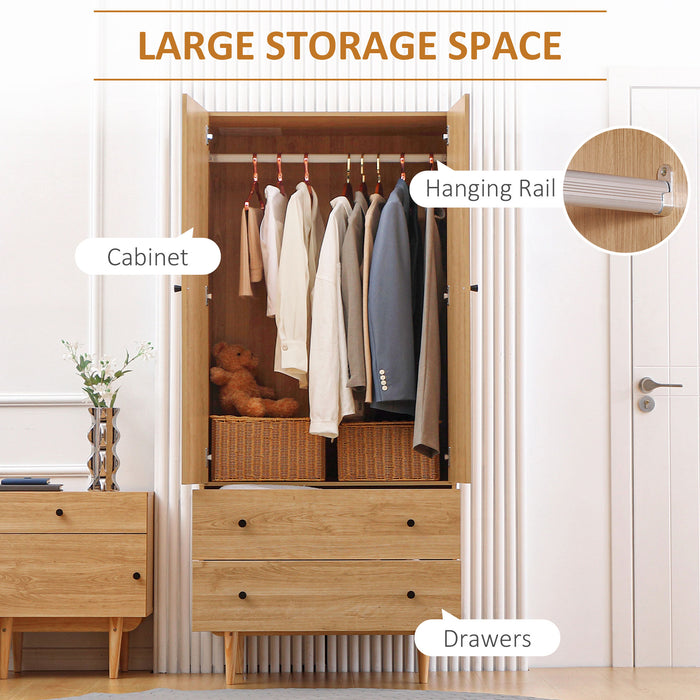 2-Door Wardrobe with Drawers and Hanging Rail - Bedroom Clothes Storage Organizer, 80x52x180cm - Ideal for Home Space-saving & Neatness