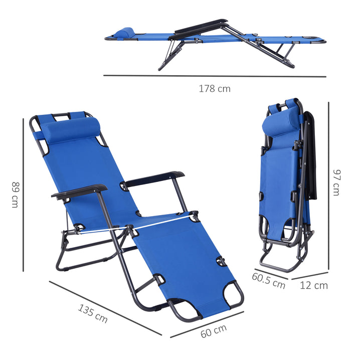 Foldable Sun Lounger Set of 2 - Adjustable Back, Reclining Outdoor Chairs with Pillows & Armrests, Blue - Perfect for Garden Relaxation and Sunbathing