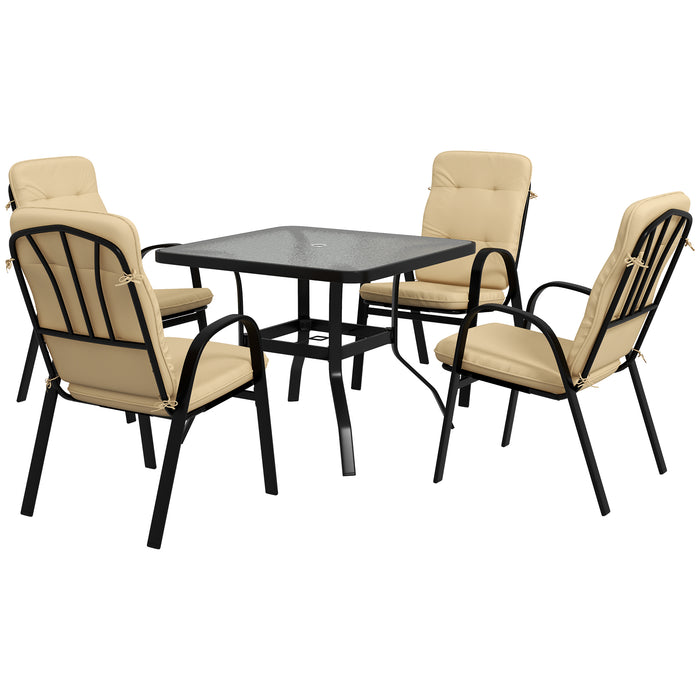 Outdoor Square 5-Piece Dining Set - Tempered Glass Table, 4 Cushioned Armchairs with Umbrella Hole - Perfect for Patio and Garden Entertaining