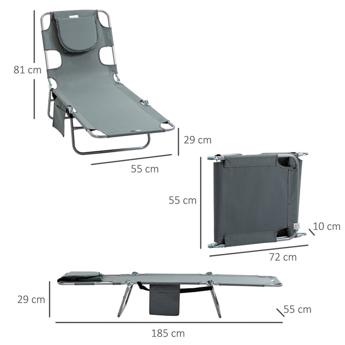 Portable Beach Chaise Lounge with Face Hole & Armrests - Sunbathing Recliner with 5 Adjustable Positions, Grey - Ideal for Poolside Relaxation & Tanning Sessions