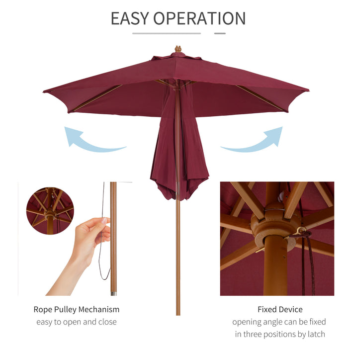 Wooden Garden Parasol Umbrella, 2.5m - Elegant Red Wine Outdoor Shade Accessory - Ideal Sun Protection for Patio & Backyard Gatherings