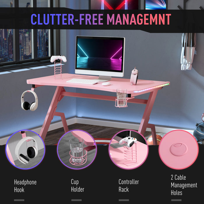 Ergonomic Racing Gaming Desk with RGB LED Lighting - Pink Home Office Computer Workstation with Controller Rack and Cable Management - Designed for Gamers and Streamlined Workspace