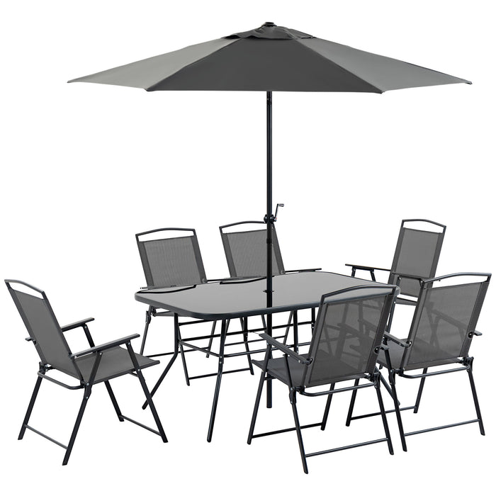 Metal Garden Furniture Set - 8 Pieces with Parasol, Folding Chairs, and Tempered Glass Table - Ideal 6-Seater Outdoor Patio Dining Ensemble