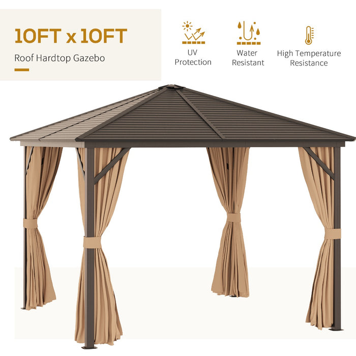 Aluminium Patio Gazebo 3x3 Meters - Hardtop Metal Roof Canopy with Mesh Curtains & Side Walls, Brown - Elegant Outdoor Shelter for Garden Parties & Events