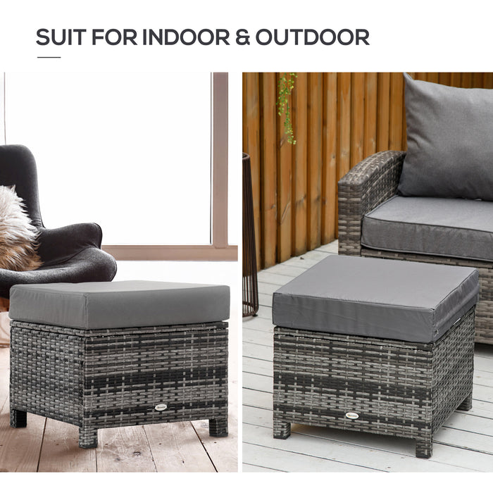 Rattan Footstool Wicker Ottoman with Cushion - Outdoor Patio & Indoor Living Room Furniture, 50x50x35cm in Grey - Comfortable Seating for Backyard, Garden, or Poolside
