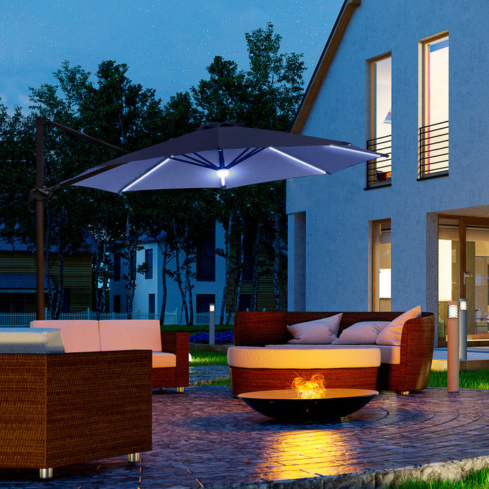 Cantilever Roma Parasol Umbrella with Solar LED Lights - Outdoor Patio Sunshade, 360° Rotation, Cross Base - Ideal for Garden Leisure and Entertaining