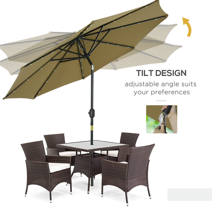 Solar-Powered 24 LED Parasol - Brown Outdoor Umbrella with Energy-Efficient Lighting - Perfect for Patio, Nighttime Ambiance