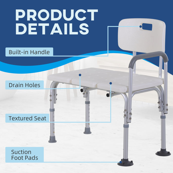 Adjustable Height Bath Bench - Elderly-Friendly Non-Slip Shower Chair with Armrest and Backrest - Ideal for Disabled, 300 lbs Load Capacity, White