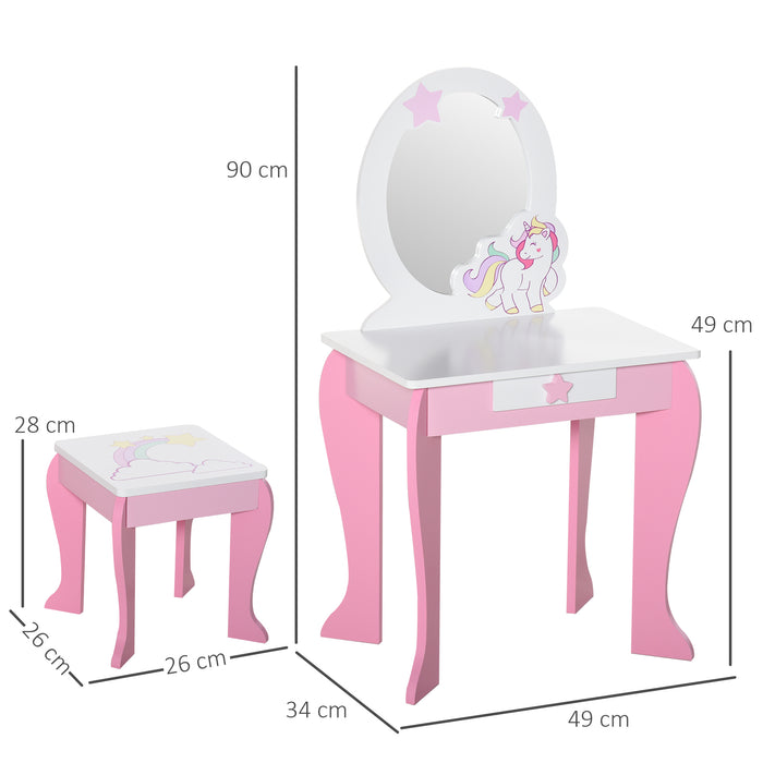 Kids Unicorn Dressing Table with Stool and Acrylic Mirror - Pink and White Dresser for Girls, Pretend Play Furniture - Ideal for Ages 3-6, Encourages Imaginative Play