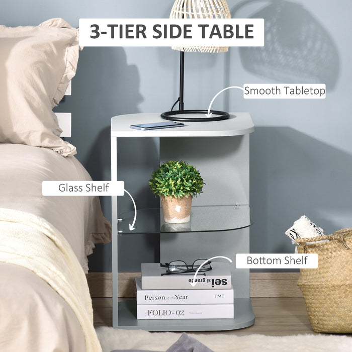 Three-Tier Modern Grey Side Table - Bedside Nightstand with 2 Storage Shelves - Ideal for Living Room & Bedroom Organization