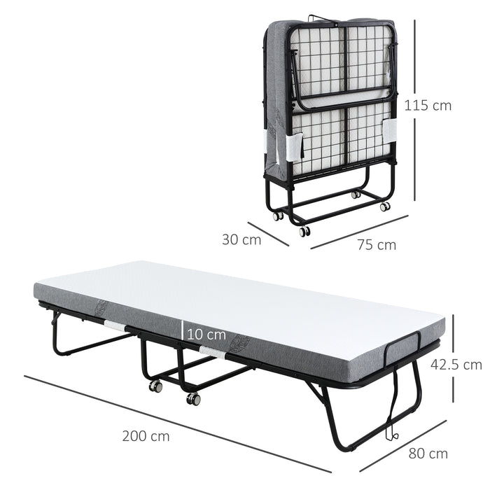 Portable Folding Bed with 10cm Thick Mattress - Sturdy Metal Frame and Easy Mobility with Wheels - Ideal for Overnight Guests and Small Space Living