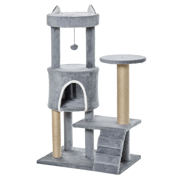 Cat Tree Tower Condo - 100cm Multi-Level Playhouse with Climbing Ladder, Scratching Post & Hanging Toy Ball - Ideal for Exercise and Relaxation for Cats in Light Grey