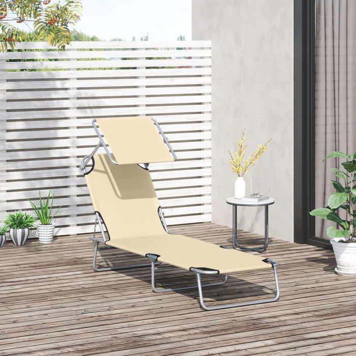 Folding Sun Lounger with Recline and Awning - Beach and Garden Patio Chair, Beige, Adjustable Comfort - Perfect for Outdoor Relaxation and Sunbathing