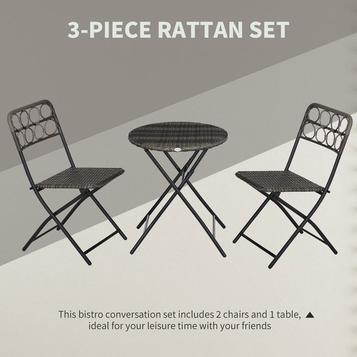 3 PCS Wicker Bistro Set - Hand Woven, Easy Folding Rattan Furniture with Coffee Table and Chairs - Perfect for Outdoor, Lawn, Pool, Balcony & Garden Use, Grey