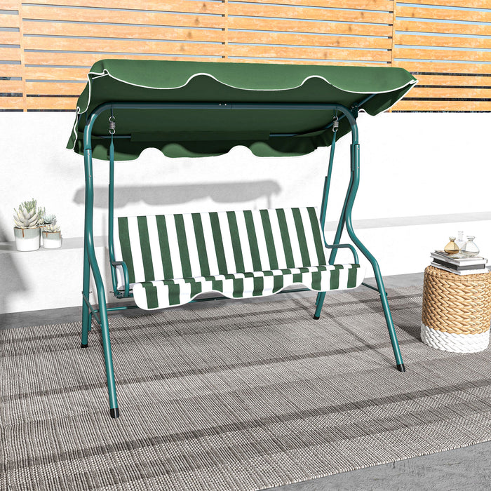 Adjustable Canopy 3-Seater Garden Swing - Outdoor Bench Chair with Metal Frame and Green Striped Cushions - Perfect for Patio, Relaxation and Comfort