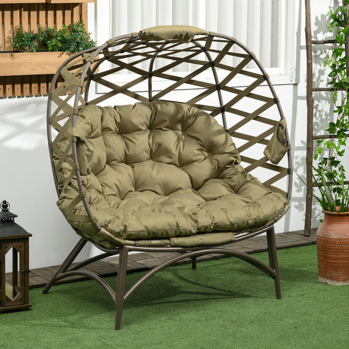 Egg-Shaped Folding Wicker Loveseat for Patio - Comfy 2-Person Garden Chair with Cushions and Cup Holders - Ideal for Outdoor Leisure in Khaki