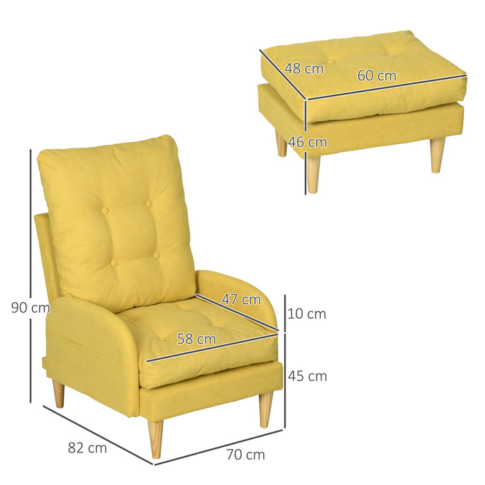 Modern Button-Tufted Upholstered Armchair and Footstool Combo - Adjustable Backrest, Side Pockets, Wood Legs, with Plush Cushions - Perfect for Relaxation and Contemporary Home Decor, Sunny Yellow