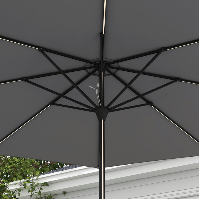 Solar-Powered LED Garden Parasol - Charcoal Grey Patio Umbrella with Crank Handle and Illumination - Perfect for Nighttime Outdoor Relaxation