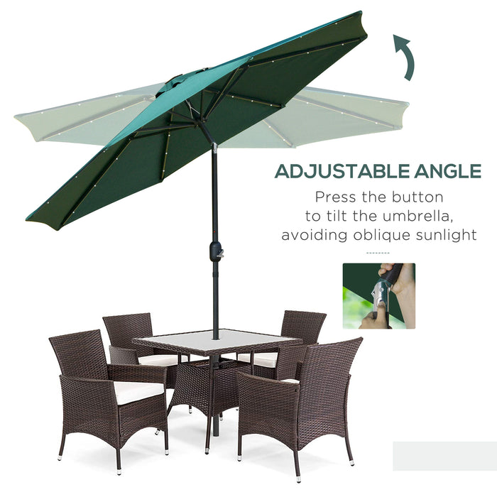 Patio LED Umbrella with Push Button Tilt/Crank - 2.7m Garden Parasol with 8 Rib Sun Shade, Green - Outdoor Table Market Umbrella for Sun Protection