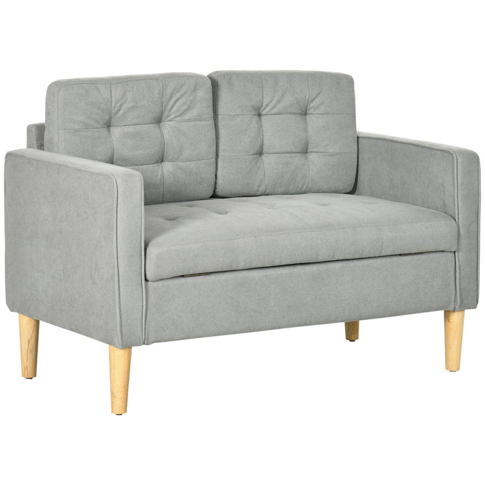 Compact Loveseat Couch with Storage - 117cm Tufted Cotton 2-Seater, Wooden Legs in Light Grey - Space-Saving Sofa for Small Living Areas