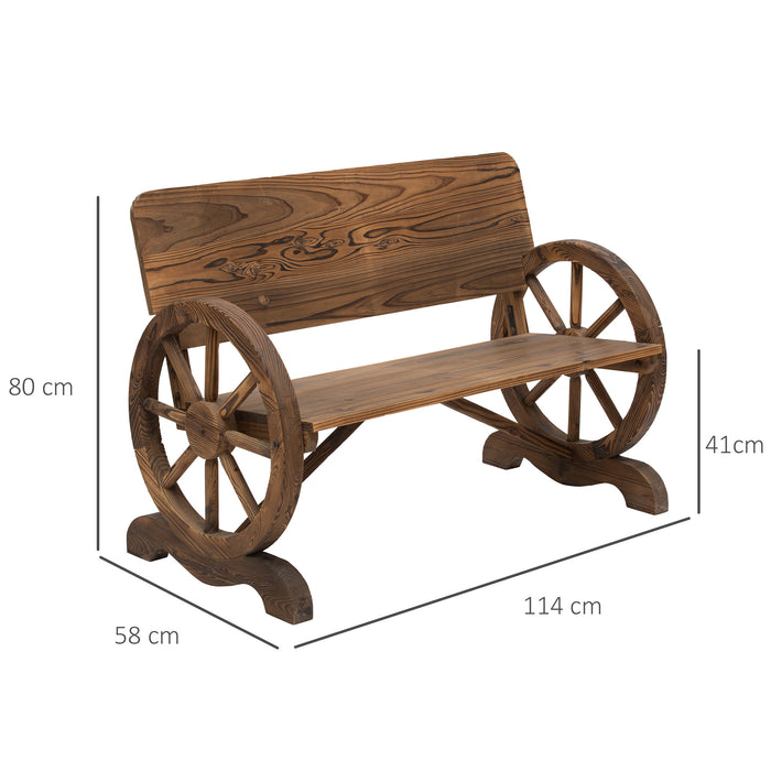 Wooden Cart Wagon Wheel Bench - 2-Person Rustic High-Back Garden Loveseat with Burnt Stain Finish - Charming Outdoor Seating for Couples and Decor Enthusiasts